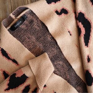 ZESICA Cheetah Print Open Cardigan Sweater Beige Womens Size L